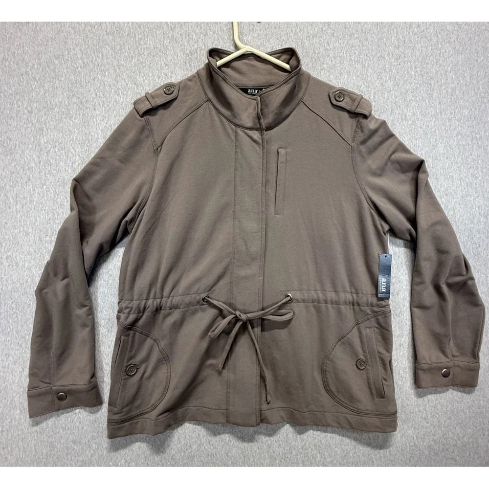 A.n.a Jacket Women XL Taupe Gray Cotton Stretch Outerwear Pockets Drawcord Waist
